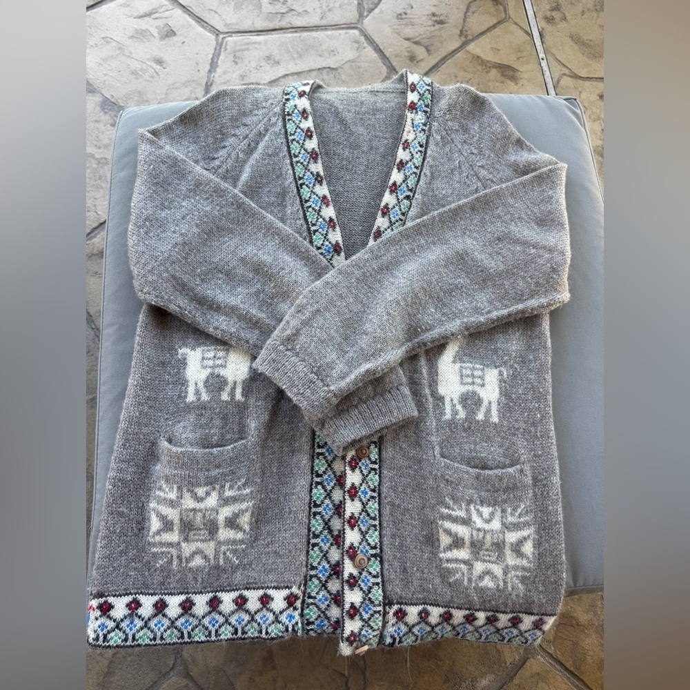 Vintage Alpaca Llama Cardigan Sweater Peruvian Aztec Boho Western Wool Blend M - Picture 10 of 12